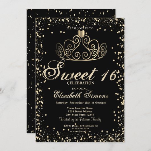金ゴールドエレガントティアラ紙吹雪ダイアモンズスウィート16 招待状 (正面/裏面)