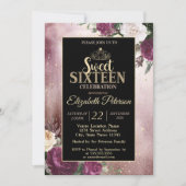 金ゴールドエレガントティアラ、フレームバーガンディースウィート16パーティー 招待状 (正面)