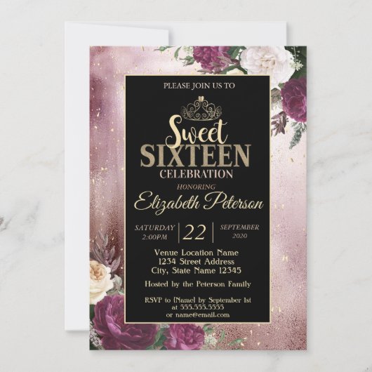 金ゴールドエレガントティアラ、フレームバーガンディースウィート16パーティー 招待状 (正面)