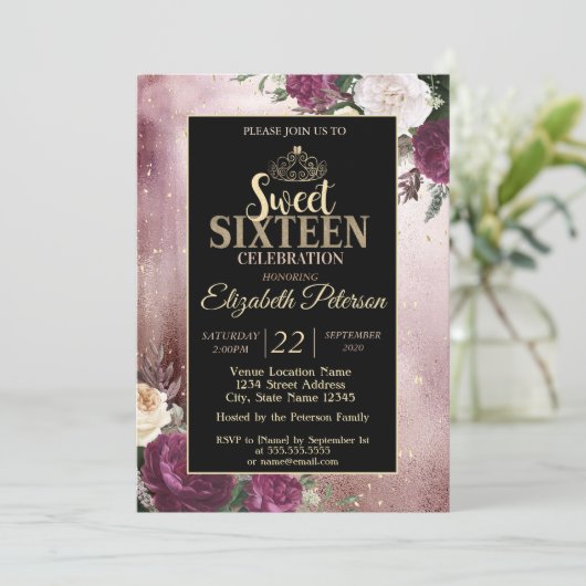 金ゴールドエレガントティアラ、フレームバーガンディースウィート16パーティー 招待状 (スタンド正面)