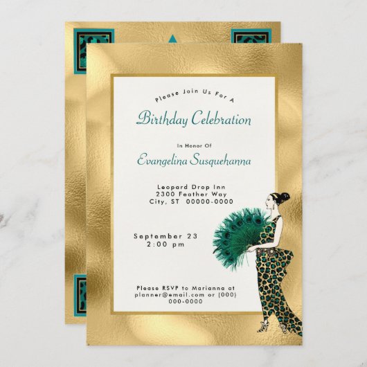 金ゴールドエレガントティール(緑がかった色)アールデコレディーフォト誕生日 招待状 (正面/裏面)