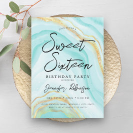 金ゴールドエレガントティール（緑がかった色）グリッターシックマーブルスウィート16 招待状