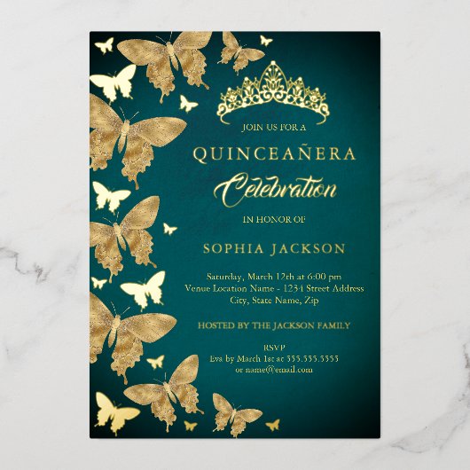金ゴールドエレガントティール（緑がかった色）バタフライキンセアニェラ 箔招待状 (正面)