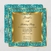 金ゴールドエレガントティール（緑がかった色）ブルーフェイクグリッター誕生日パーティー 招待状 (正面/裏面)