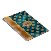 金ゴールドエレガントティール(緑がかった色)メタリックシェルのパーソナライズ名 ノートブック (右側)