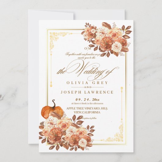金ゴールドエレガントテラコッタフローラボホ素朴結婚の 招待状 (正面)
