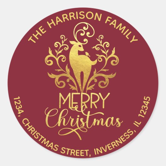 金ゴールドエレガントディアメリークリスマスアドレスレッド ラウンドシール (正面)