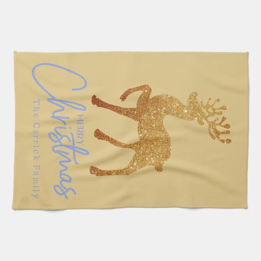 金ゴールドエレガントトナカイのメリークリスマススクリプト キッチンタオル (横)