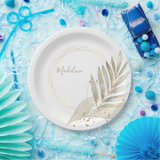 金ゴールドエレガントトリムと名前をカスタムする付き緑 ペーパープレート (パーティー)