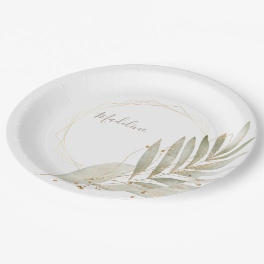 金ゴールドエレガントトリムと名前をカスタムする付き緑 ペーパープレート (アングル)