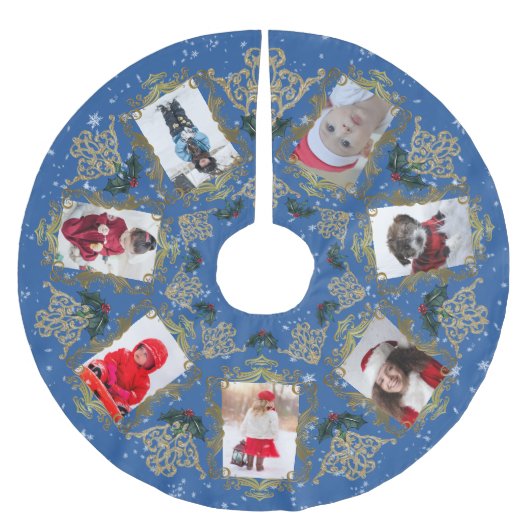 金ゴールドエレガントトリム家族クリスマスフォトコラージュ ブラッシュドポリエステルツリースカート (正面)