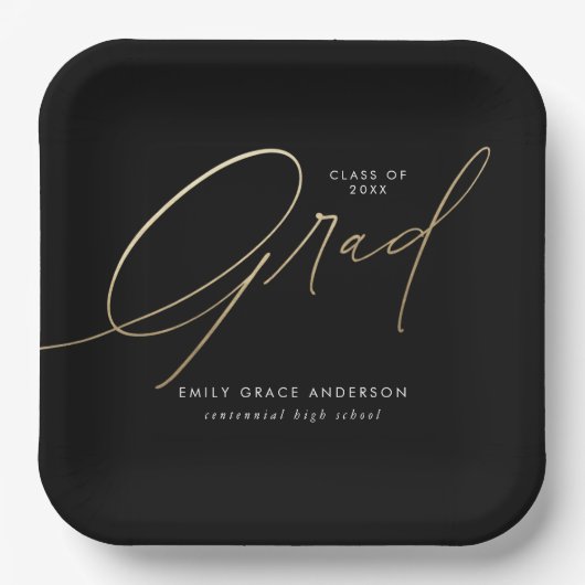 金ゴールドエレガントトレンディー書道台本の卒業 ペーパープレート (正面)