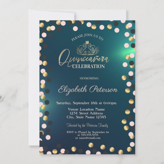 金ゴールドエレガントドットティアラグリーンキンセアニラ 招待状 (正面)