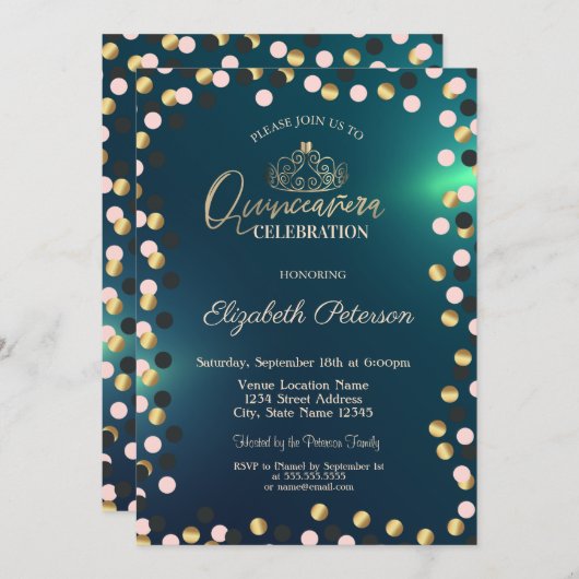 金ゴールドエレガントドットティアラグリーンキンセアニラ 招待状 (正面/裏面)