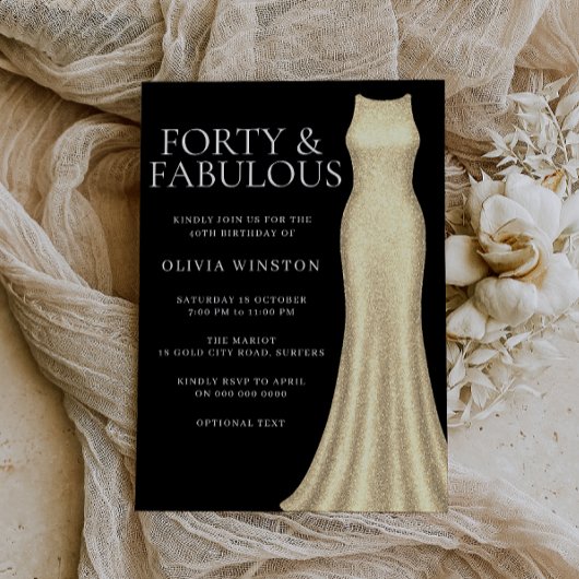 金ゴールドエレガントドレス&ブラック女性40th誕生日 招待状