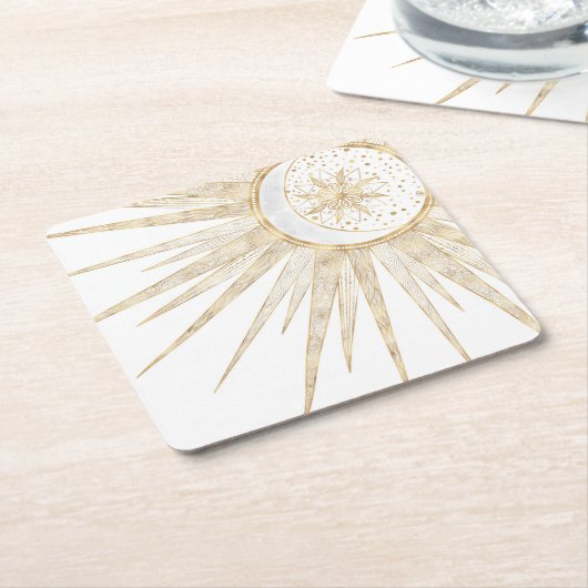金ゴールドエレガントドードルサンムーンマンダラデザイン スクエアペーパーコースター (アングル)