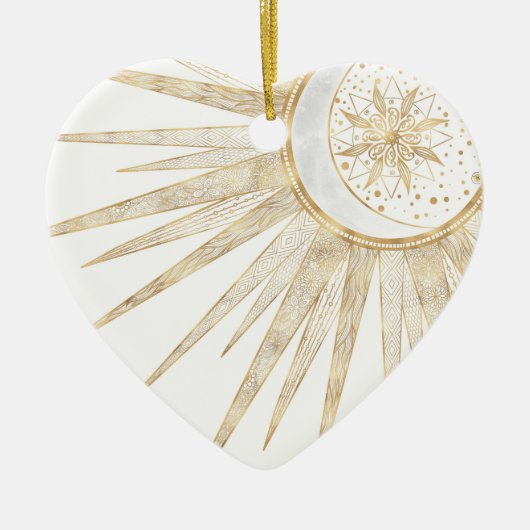 金ゴールドエレガントドードルサンムーンマンダラデザイン セラミックオーナメント (正面)
