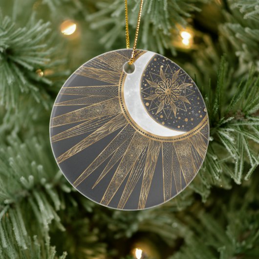 金ゴールドエレガントドードルサンムーンマンダラデザイン セラミックオーナメント (ツリー)