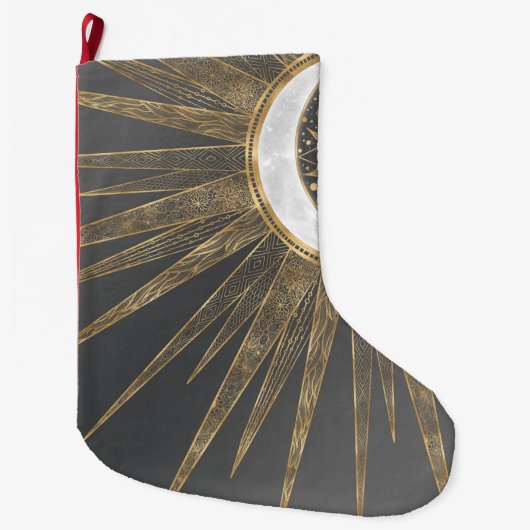 金ゴールドエレガントドードルサンムーンマンダラデザイン ラージクリスマスストッキング (正面)