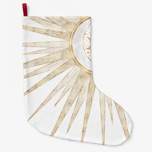 金ゴールドエレガントドードルサンムーンマンダラデザイン ラージクリスマスストッキング (正面)