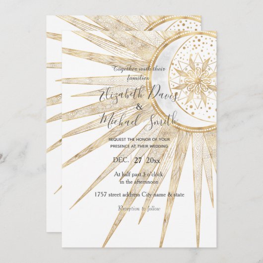金ゴールドエレガントドードルサンムーンマンダラ結婚ズ 招待状 (正面/裏面)