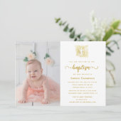 金ゴールドエレガントドーブクロス宗教洗礼写真 招待状 (スタンド正面)