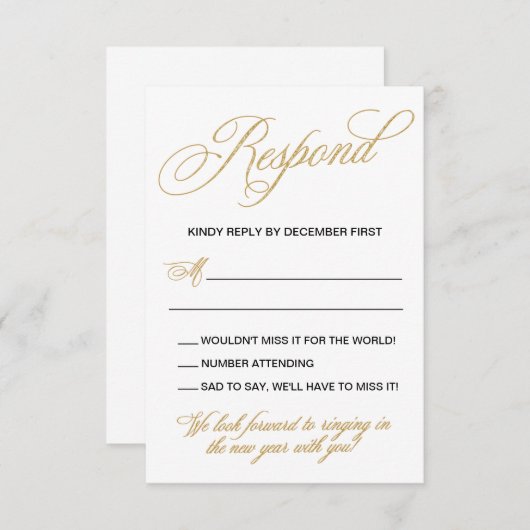 金ゴールドエレガントニューイヤーイブ結婚式招待状RSVP 出欠カード (正面/裏面)