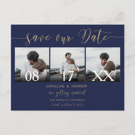 金ゴールドエレガントネイビースクリプト3枚の写真が日付を保存 ポストカード (正面)
