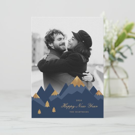 金ゴールドエレガントネイビー山写真新年 シーズンカード (スタンド正面)