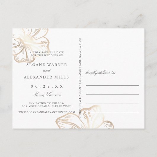 金ゴールドエレガントハイビスカスフラワーウェディング 案内ポストカード (裏面)