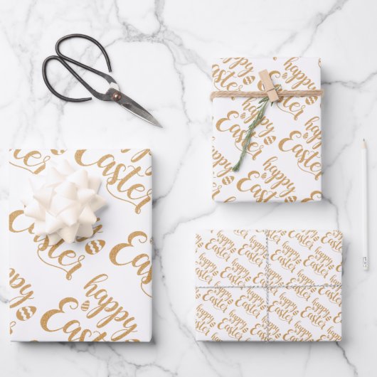 金ゴールドエレガントハッピーイースター春イースターエッグ ラッピングペーパーシート (正面)