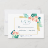 金ゴールドエレガントハワイアンハイビスカスウェディングRSVPカード 出欠カード (正面)