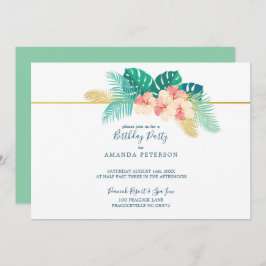 金ゴールドエレガントハワイアンハイビスカスバースデーパーティー 招待状