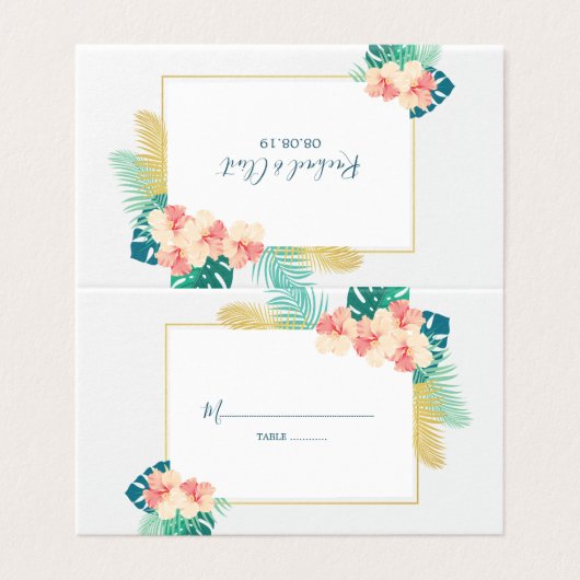 金ゴールドエレガントハワイアンハイビスカス結婚のテーブルカード 名刺 (外部フラット)