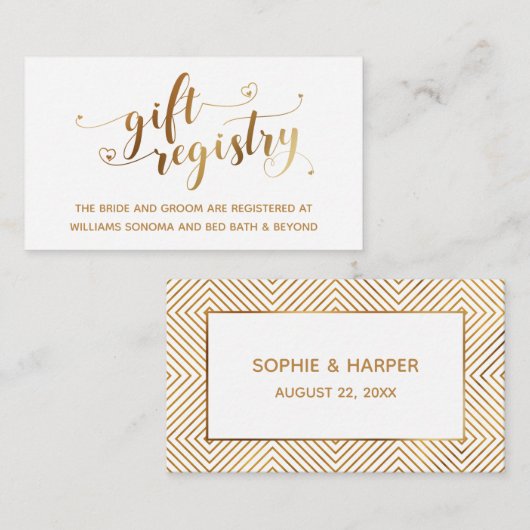 金ゴールドエレガントハートスクリプト，ホワイトギフトレジストリ エンクロージャーカード (正面/裏面)