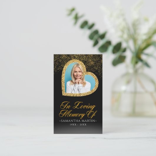 金ゴールドエレガントハート写真葬儀祈りの言葉カード 名刺 (スタンド正面)