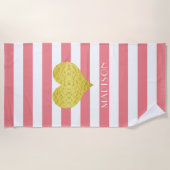 金ゴールドエレガントハート名ピンクと白ストライプ色 ビーチタオル (正面)