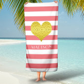 金ゴールドエレガントハート名ピンクと白ストライプ色 ビーチタオル