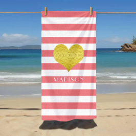 金ゴールドエレガントハート名ピンクと白ストライプ色 ビーチタオル