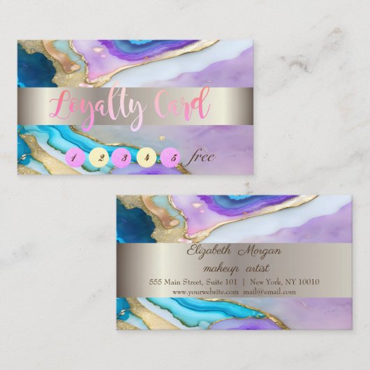 金ゴールドエレガントバイオレットブルーマーブルストーン ロイヤリティカード (正面/裏面)