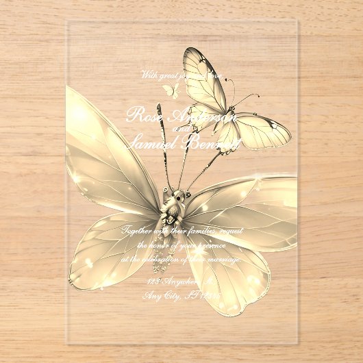 金ゴールドエレガントバタフ結婚ェス招待状 アクリル招待状 (正面)