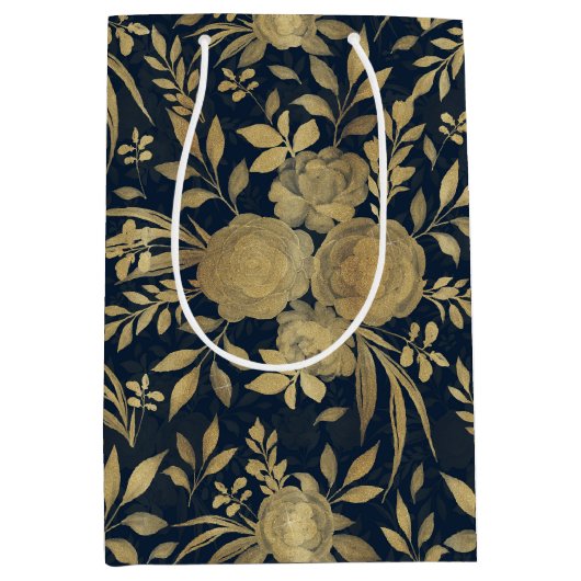 金ゴールドエレガントバラフローラネイビー – ブルーデザイン ミディアムペーパーバッグ (正面)