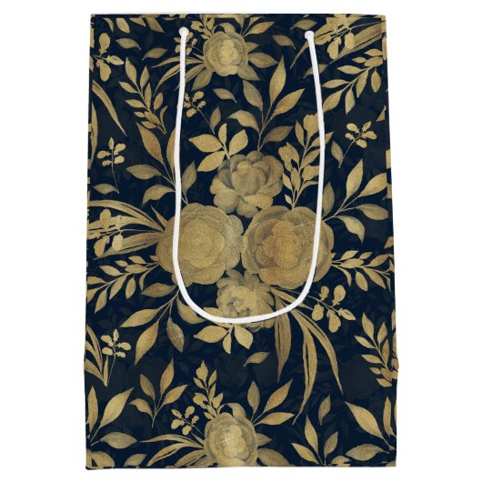 金ゴールドエレガントバラフローラネイビー – ブルーデザイン ミディアムペーパーバッグ (裏面)