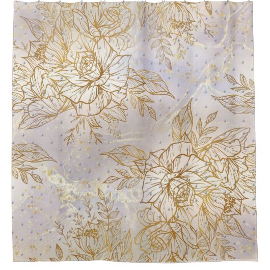 金ゴールドエレガントバラ線スケッチ シャワーカーテン (正面)