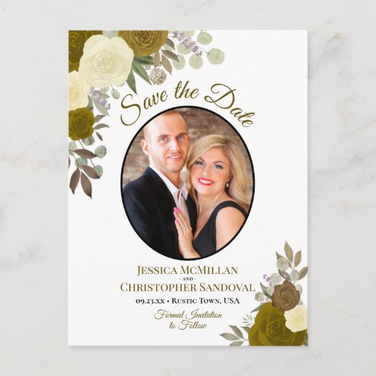 金ゴールドエレガントバラ&フォトウェディング日付を保存 案内ポストカード (正面)