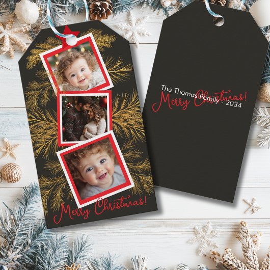 金ゴールドエレガントパインホリデーフォトコラージュ ギフトタグ