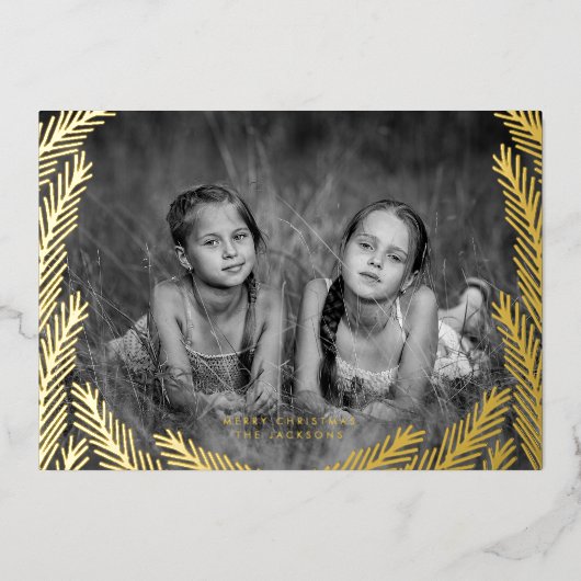 金ゴールドエレガントパインリーフフレームメリークリスマスフォト 箔シーズンカード (正面)