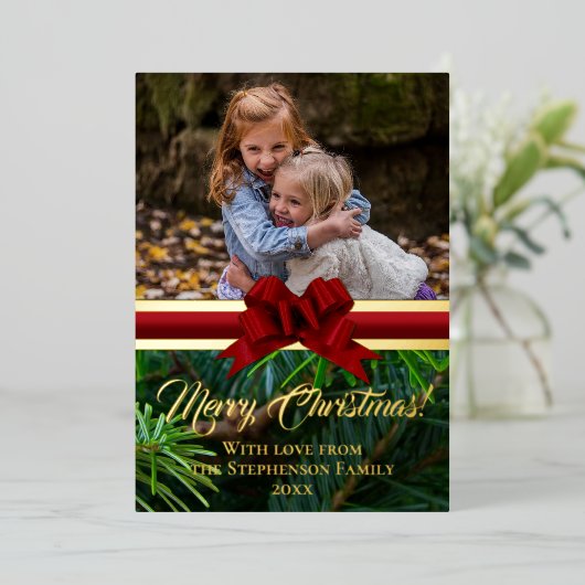金ゴールドエレガントパインレッドボウクリスマスフォト 箔シーズンカード (立ち正面)
