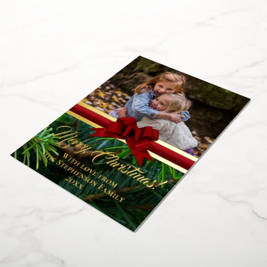 金ゴールドエレガントパインレッドボウクリスマスフォト 箔シーズンカード (回転した状態)