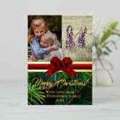 金ゴールドエレガントパインレッドボウクリスマス2写真 箔シーズンカード (立ち正面)